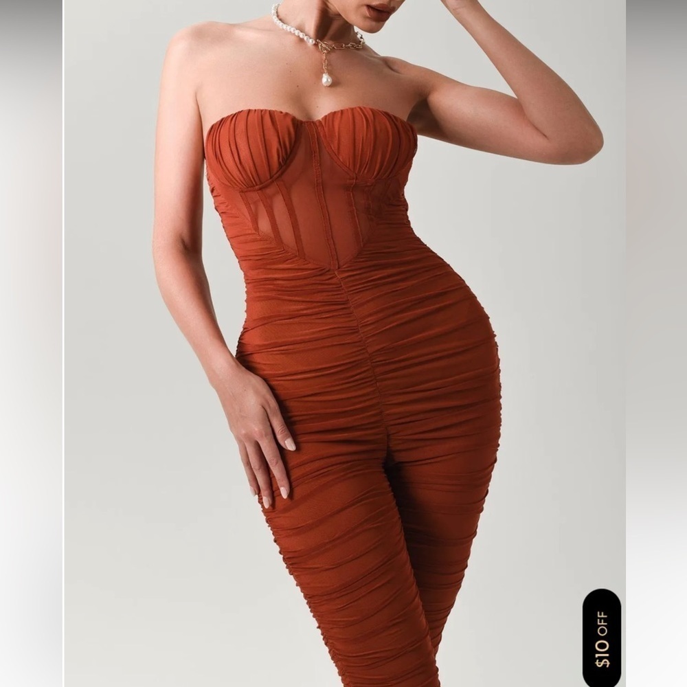 Strapless Ruched Jumpsuit in Rust - Picture 4 of 14